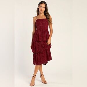 LULUS 💃 Grace and Beauty Burgundy Burnout Floral Print Tiered Dress | Medium